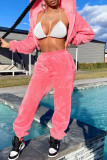 Pink Casual Sportswear Solid Patchwork Zipper Hooded Collar Long Sleeve Two Pieces