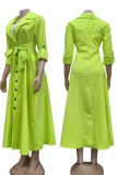 Green Casual Elegant Solid Patchwork Buckle With Belt Turn-back Collar Shirt Dress Dresses