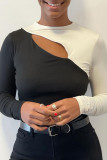 Black Sexy Solid Hollowed Out Patchwork O Neck Tops