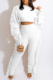 White Casual Street Solid Tassel Split Joint O Neck Long Sleeve Two Pieces