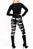 Black Sexy Punk Print Patchwork O Neck Long Sleeve Two Pieces