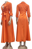 Orange Casual Elegant Solid Patchwork Buckle With Belt Turn-back Collar Shirt Dress Dresses