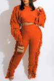 Tangerine Red Casual Street Solid Tassel Split Joint O Neck Long Sleeve Two Pieces