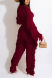 Burgundy Casual Street Solid Tassel Split Joint O Neck Long Sleeve Two Pieces