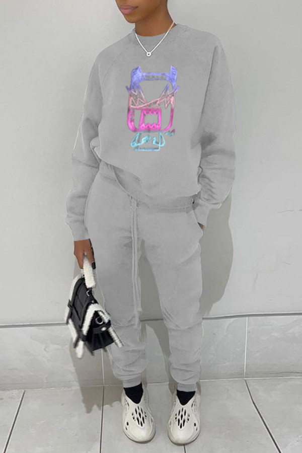 Grey Casual Print Patchwork O Neck Long Sleeve Two Pieces