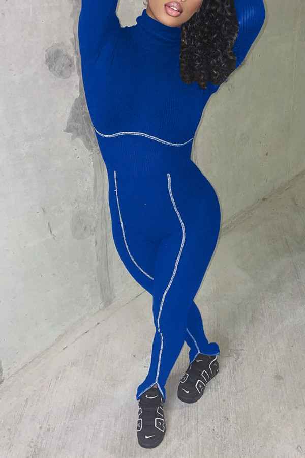 Peacock Blue Casual Sportswear Solid Patchwork Turtleneck Regular Jumpsuits