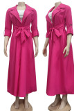 Rose Red Casual Elegant Solid Patchwork Buckle With Belt Turn-back Collar Shirt Dress Dresses