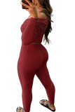 Red Fashion Casual Adult Solid Knotted V Neck Long Sleeve Regular Sleeve Short Two Pieces