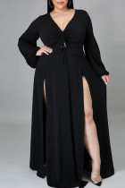 Black Elegant Solid Patchwork Frenulum High Opening V Neck Long Sleeve Plus Size Dresses