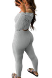 Grey Fashion Casual Adult Solid Knotted V Neck Long Sleeve Regular Sleeve Short Two Pieces