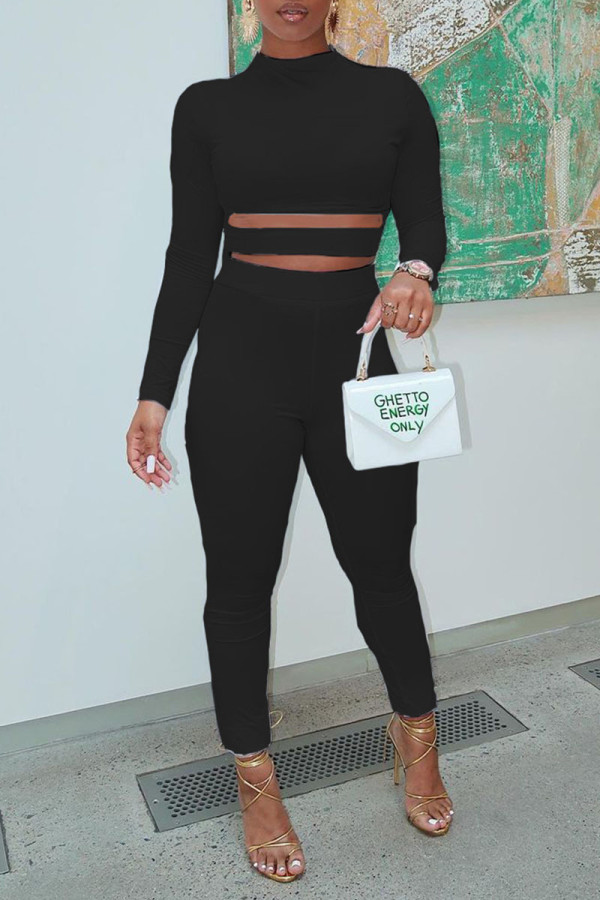 Black Sexy Solid Hollowed Out Patchwork O Neck Regular Jumpsuits
