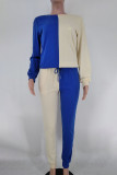 Blue White Casual Solid Split Joint O Neck Long Sleeve Two Pieces
