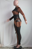 Brown Fashion Sexy Patchwork See-through Half A Turtleneck Skinny Jumpsuits