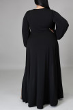 Black Elegant Solid Patchwork Frenulum High Opening V Neck Long Sleeve Plus Size Dresses