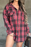 Red Casual Plaid Print Patchwork Buckle Turndown Collar Tops
