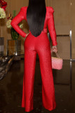 Rose Red Fashion Casual Solid With Belt V Neck Regular Jumpsuits