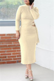 Green Fashion Casual Solid Bandage Hollowed Out O Neck Long Sleeve Dresses