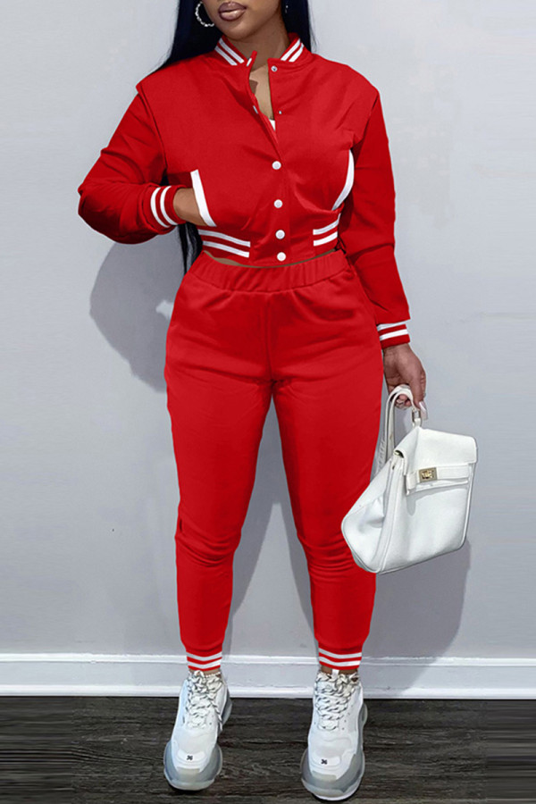 Red Fashion Casual Solid Patchwork Long Sleeve Two Pieces