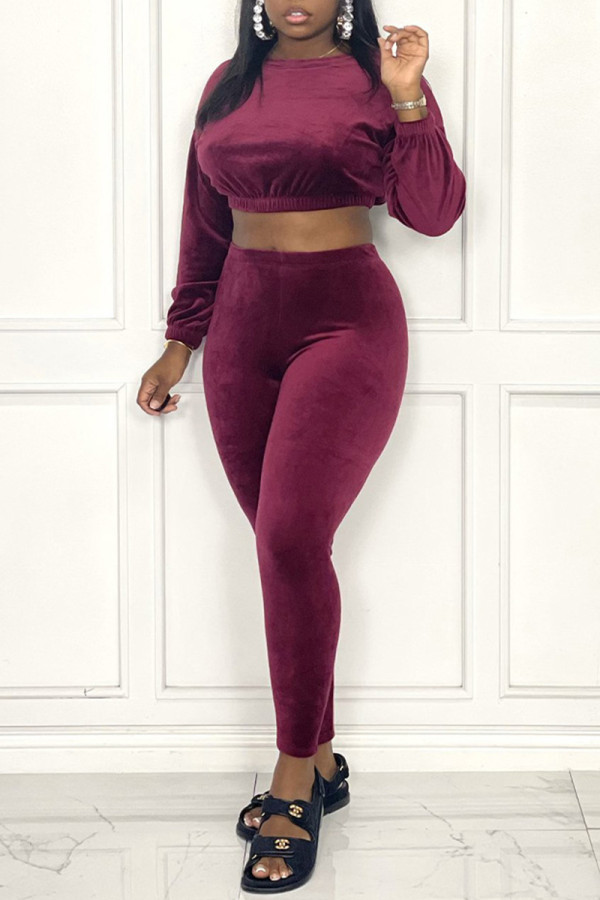 Burgundy Fashion Casual Solid Basic O Neck Long Sleeve Two Pieces
