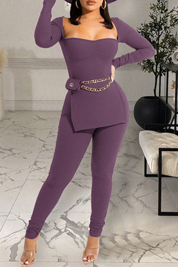 Purple Fashion Casual Solid Slit Square Collar Long Sleeve Two Pieces