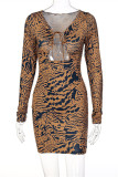 Brown Fashion Sexy Print Bandage Hollowed Out V Neck Long Sleeve Dresses