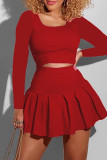 Red Fashion Casual Solid Basic U Neck Long Sleeve Two Pieces