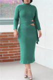 Beige Fashion Casual Solid Bandage Hollowed Out O Neck Long Sleeve Dresses
