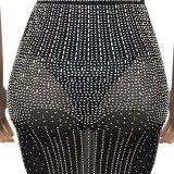 Black Sexy Solid Patchwork Hot Drill Spaghetti Strap Sleeveless Two Pieces