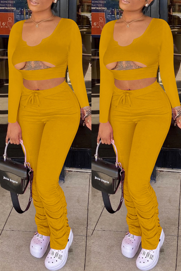 Ginger Sexy Casual Solid Hollowed Out Fold U Neck Regular Two-piece Set