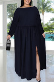 Deep Blue Fashion Casual Solid Slit O Neck Plus Size Two Pieces