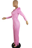 Rose Red Fashion Casual Solid With Belt V Neck Regular Jumpsuits