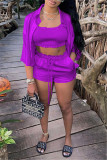 Red Fashion Casual Solid Basic Turndown Collar Half Sleeve Three-piece Set