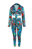 Blue Fashion Sexy Print Tie Dye Bandage Turndown Collar Long Sleeve Two Pieces