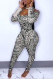 Silver Fashion Sexy Print Backless Off the Shoulder Skinny Jumpsuits