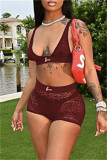 Purplish Red Fashion Sexy Solid Hollowed Out See-through Backless V Neck Sleeveless Two Pieces