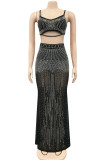 Black Sexy Solid Patchwork Hot Drill Spaghetti Strap Sleeveless Two Pieces