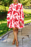Red Fashion Casual Print Basic O Neck Long Sleeve Dresses
