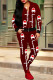 Burgundy Fashion Sexy Print Patchwork Hooded Collar Long Sleeve Two Pieces