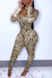 Silver Fashion Sexy Print Backless Off the Shoulder Skinny Jumpsuits