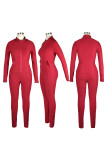 Red Casual Sportswear Solid Basic Zipper Collar Long Sleeve Two Pieces
