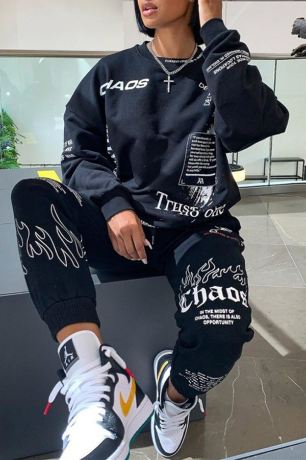 Black Fashion Casual Letter Print Basic O Neck Long Sleeve Two Pieces