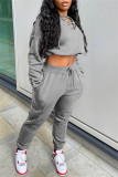 Grey Fashion Casual Solid Hollowed Out V Neck Long Sleeve Two Pieces