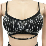 Black Sexy Solid Patchwork Hot Drill Spaghetti Strap Sleeveless Two Pieces
