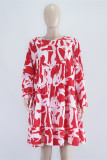 Red Fashion Casual Print Basic O Neck Long Sleeve Dresses