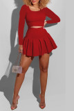 Red Fashion Casual Solid Basic U Neck Long Sleeve Two Pieces