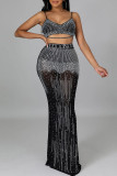 Black Sexy Solid Patchwork Hot Drill Spaghetti Strap Sleeveless Two Pieces