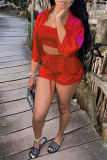 Red Fashion Casual Solid Basic Turndown Collar Half Sleeve Three-piece Set
