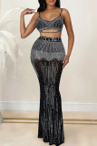 Black Sexy Solid Patchwork Hot Drill Spaghetti Strap Sleeveless Two Pieces