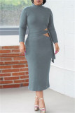 Light Green Fashion Casual Solid Bandage Hollowed Out O Neck Long Sleeve Dresses