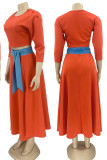 Yellow Casual Solid Patchwork O Neck Three Quarter Two Pieces